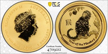 2016-P $5 Year of the Monkey 1/20oz Au MS69