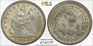 1853 50C Arrows & Rays MS62