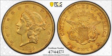 1854 $20 Small Date AU53