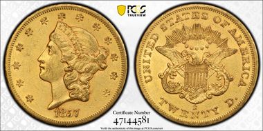 1857-S $20 AU53