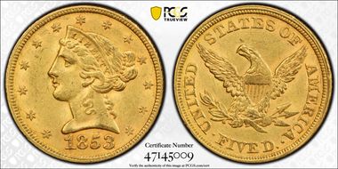 1853 $5 AU58