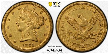 1860-D $5 Large D AU55