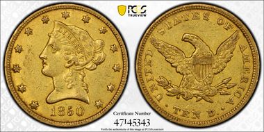 1850 $10 Small Date AU50
