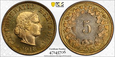 1918 B 5 Rap KM-26a  Brass MS66