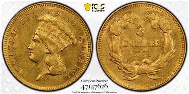 1874 $3 AU58