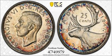 1947 25C Maple Leaf MS62