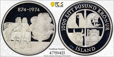 1974 1000 Kr 1100 Years - 1st Settlement KM-21  Ag PR69DCAM