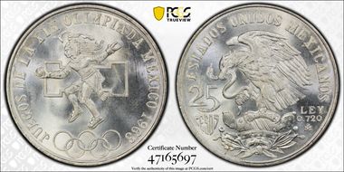 1968-Mo 25 Peso Olympic KM-479.1 Rings Align, Straight Tongue MS67