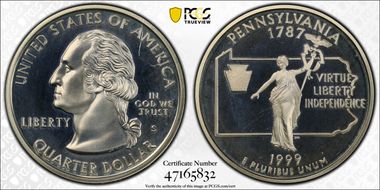 1999-S 25C Pennsylvania Silver PR67DCAM
