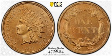 1858 1C J-213c, Narrow Bust, Low Leaves PR65