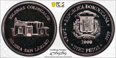 2000 10 Peso Iglesia San Lázaro Ag MS67