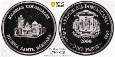 2000 10 Peso Iglesia Santa Bárbara KM-97  Ag MS66