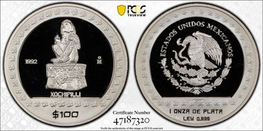 1992-Mo 100 P Xochipilli KM-562  Ag PR69DCAM