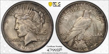 1921 $1 High Relief, Peace MS63