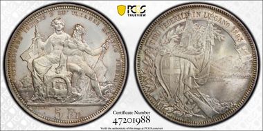 1883 5 Fr Lugano R-1373 MS66
