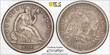 1866-S 50C WB-7 Motto Very Small S VF35