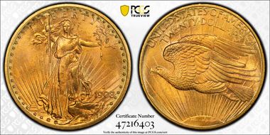 1908-D $20 No Motto MS66+