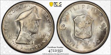 1947-S Peso Douglas MacArthur KM-185  Ag MS65