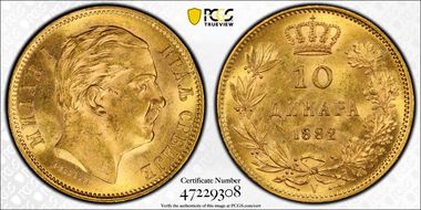 1882-V 10 Din KM-16  Au MS64