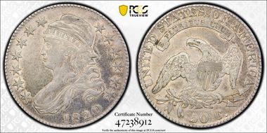 1820 50C Curl Base 2, Small Date XF40