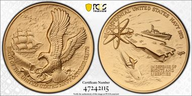 1975 Medal Navy Bicentennial Yellow Bronze 76mm MS70