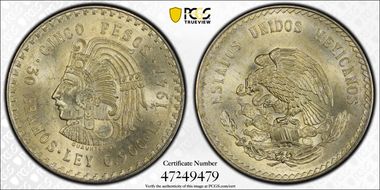 1947-Mo 5 Peso Cuauhtemoc KM-465 Ag MS64
