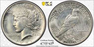 1921 $1 High Relief, Peace MS62