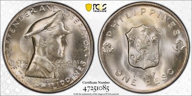 1947-S Peso Douglas MacArthur KM-185  Ag MS67