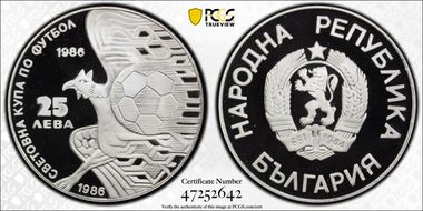 1986 25 Leva World Cup KM-156.1 Date Above Eagle PR69DCAM