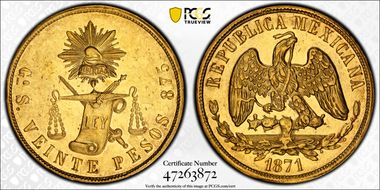 1871-Go S 20 Peso AU58