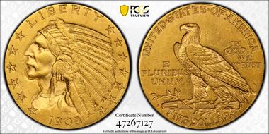 1908-D $5 AU58
