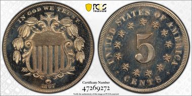 1867 5C No Rays PR64DCAM