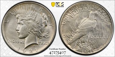 1921 $1 High Relief, Peace N1