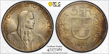 1925 B 5 Fr KM-38  Ag MS63