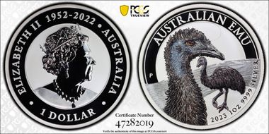 2023-P $1 Australian Emu Colorized MS70