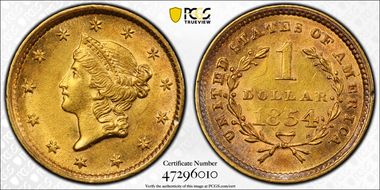 1854 G$1 Type 1 AU58+