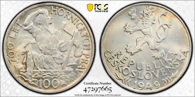 1949 100 Kor Jihlava Mining Privileges 700th Aniversary MS65