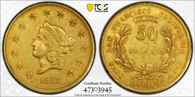1855 $50 Wass, Molitor & Co. AU53