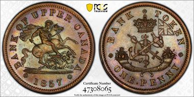 1857 Tkn 1D Bank of Upper Canada PC-6D MS64BN