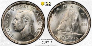 1951 10C Doubled Die Rev MS65