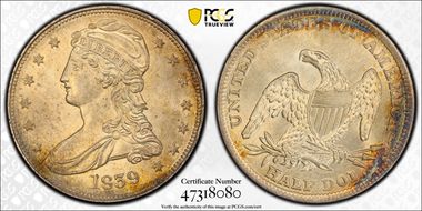 1839 50C Capped Bust MS62