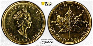 1992 $5 Maple Leaf/Au MS67