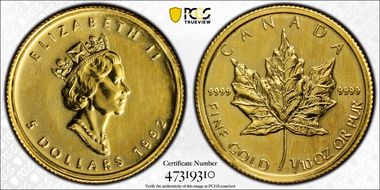 1992 $5 Maple Leaf/Au MS67