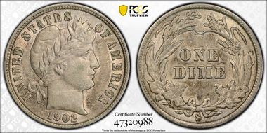 1902-S 10C AU50