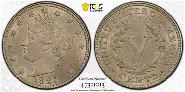 1883 5C With CENTS AU58