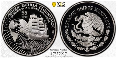 1999-Mo 5 Peso Navy School Centennial Cuauhtemoc KM-635 Ag PR70DCAM