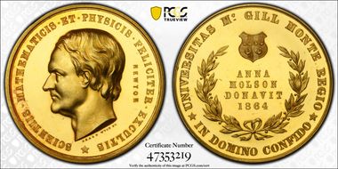 1864 Medal McGill University  Anna Molson Au SP63