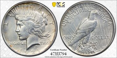 1921 $1 High Relief, Peace N1