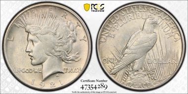 1921 $1 High Relief, Peace AU58