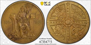 1930 2 Kr X-1 1000 Years Althing Brass Matte MS63